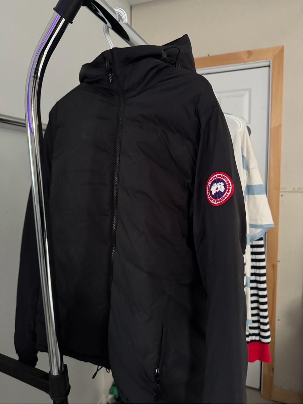 Canada Goose Black Hooded Puffer Jacket with Red Logo Patch